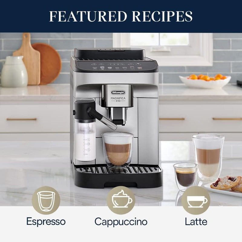 De'Longhi Magnifica Evo with LatteCrema System, Fully Automatic Machine Bean to Cup Espresso Cappuccino and Iced Coffee Maker, Colored Touch Display,Black, Silver