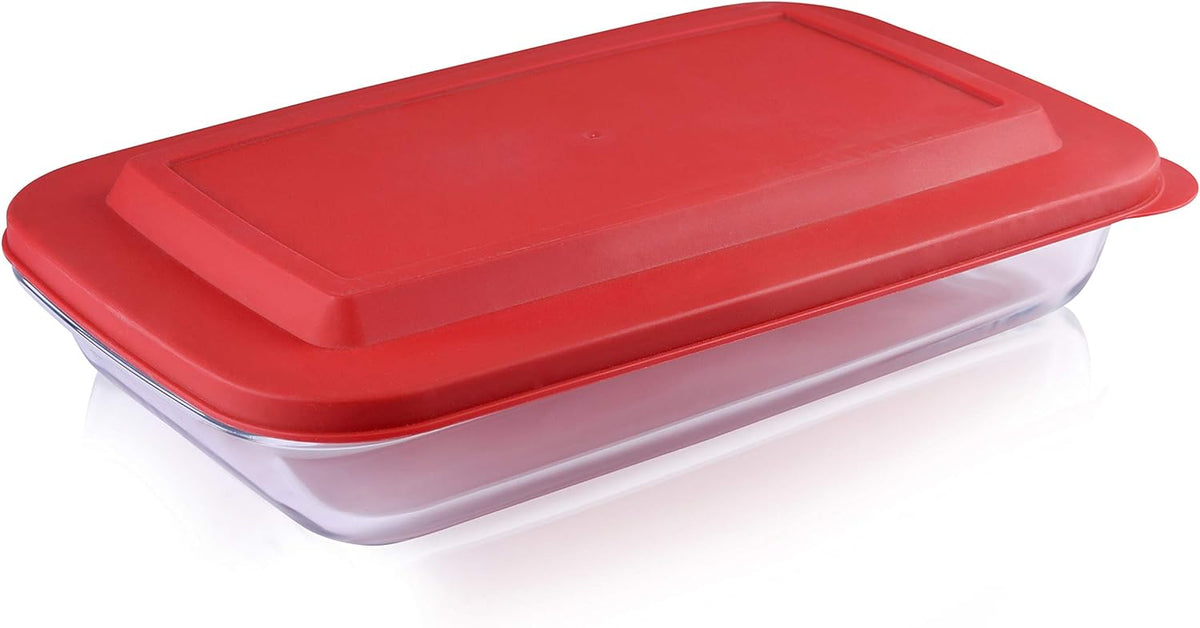 Nutrichef 4 Sets of High Borosilicate Rectangular Glass Bakeware Set with PE Lid (Red)