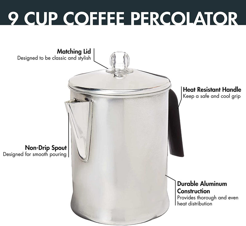 Primula Today Aluminum Stove Top Percolator Maker Durable, Brew Coffee On Stovetop, 9 Cup, Silver