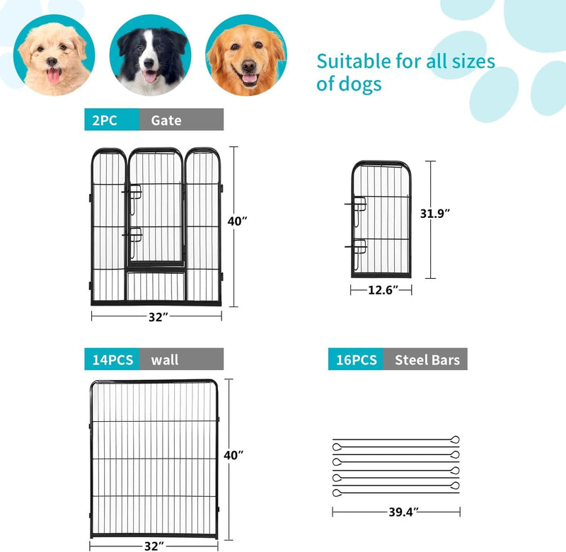 FDW 16 Panel Dog Playpen with Metal Folding Design - 40 Inch Height IndoorOutdoor Heavy Duty Fence for Puppy Exercise Yard or Camping Black