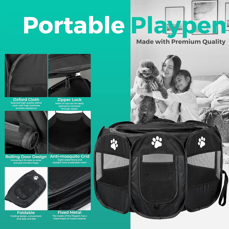 IndoorOutdoor Dog Playpen - Foldable Portable  with Additional Toys  Bag Small-Black