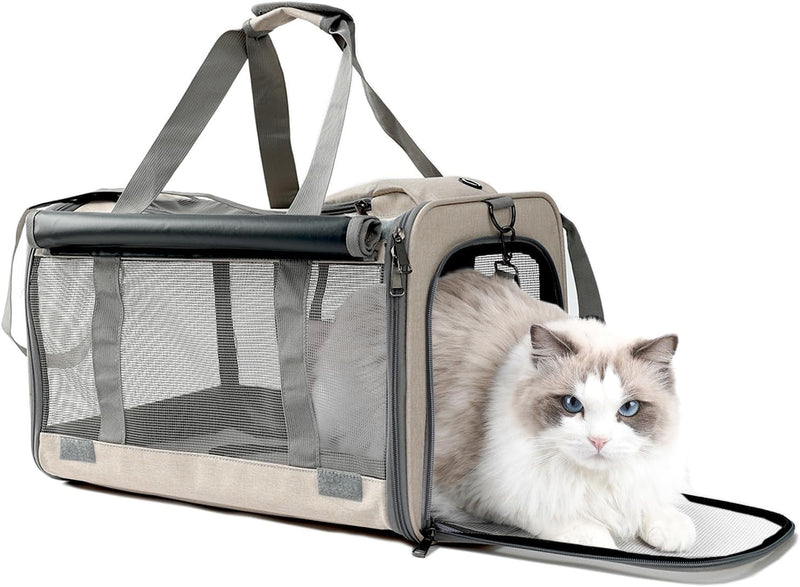 HSC PET Khaki Softsided CatDog Carrier - Small Handbag w Ventilated Mesh Windows  Curtains - 15lb Pups18lb Cats