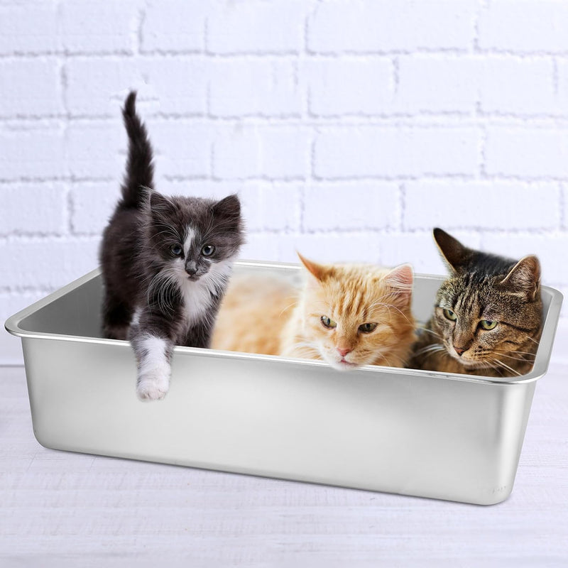 Zhehao 5 Set Stainless Steel Litter Box for Cat with 5 Cat Litter Scoops Rust Proof Metal Cat Box Extra Large Giant Metal Litter Box High Side Non Stick Smooth Surface Litter Box (24"l x 16"w x 6"h)