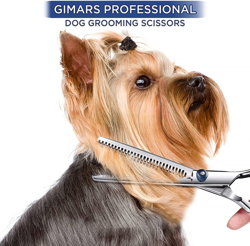 Gimars 3 in 1 Professional 4CR Dog Grooming Scissors Kit with Safety round Tip, Heavy Duty Titanium Coated Straight & Thinning & Curved Shears & Comb Set for Dog & Cat Grooming