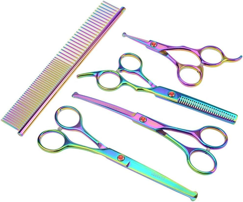 HIP-HOME Dog Grooming Scissors Set Dog Cat Grooming Shears Set 5 Piece Stainless Steel Straight & Thinning & Curved Pet Trimmer Kit Hair Cutting