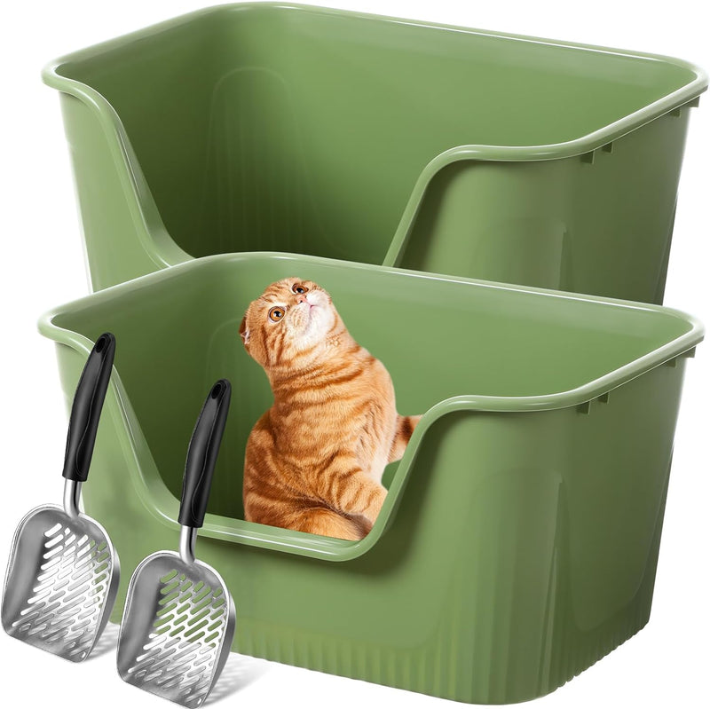 Hushee 2 Sets Large Cat Litter Boxes High Sides with Metal Waste Scoop 25 x 18 x 13'' Extra Large Litter Box Litter Pans for Cats/Dogs up to 36 Lbs Open Top Low Entry Anti Splash Free Assembly