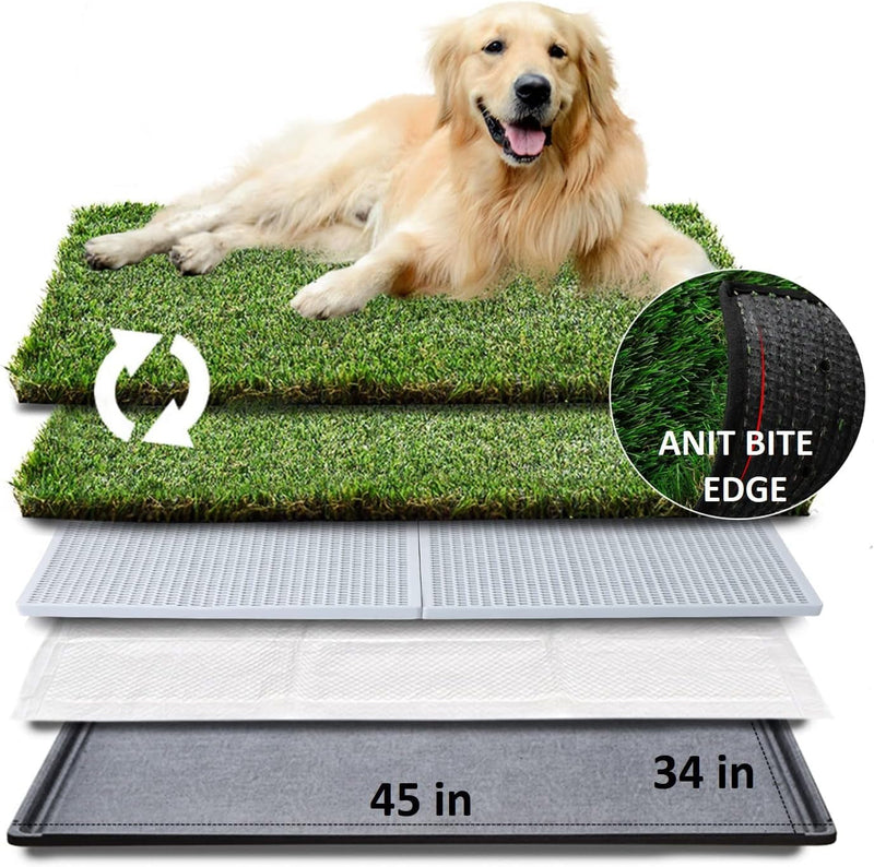 Hq4Us Dog Grass Pad with Tray Large Dog Litter Box Toilet 34”×23”, 2×Artificial Grass for Dogs,Pee Pad, Realistic, Bite Resistance Turf, Less Stink, Potty for Balcony,