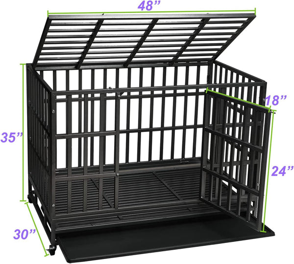 Heavy Duty 48 Dog Crate with Removable Tray Double Doors Lockable Wheels - Easy Assembly