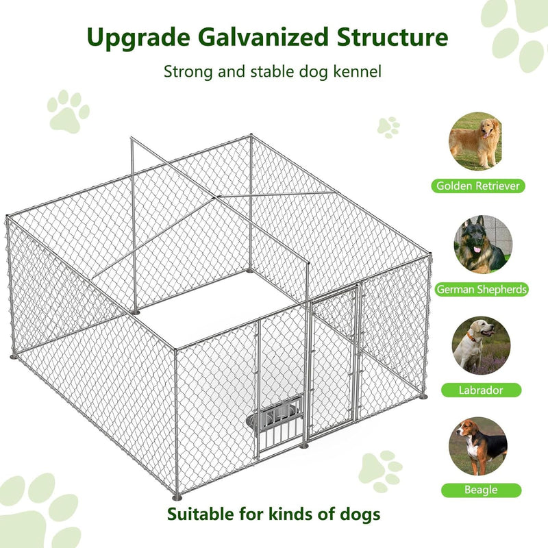 Large Outdoor Dog Kennel with Roof and Feeding Doors - Heavy Duty Chain Link Pen with Bowl Holder and Bowls 97  97  7FT