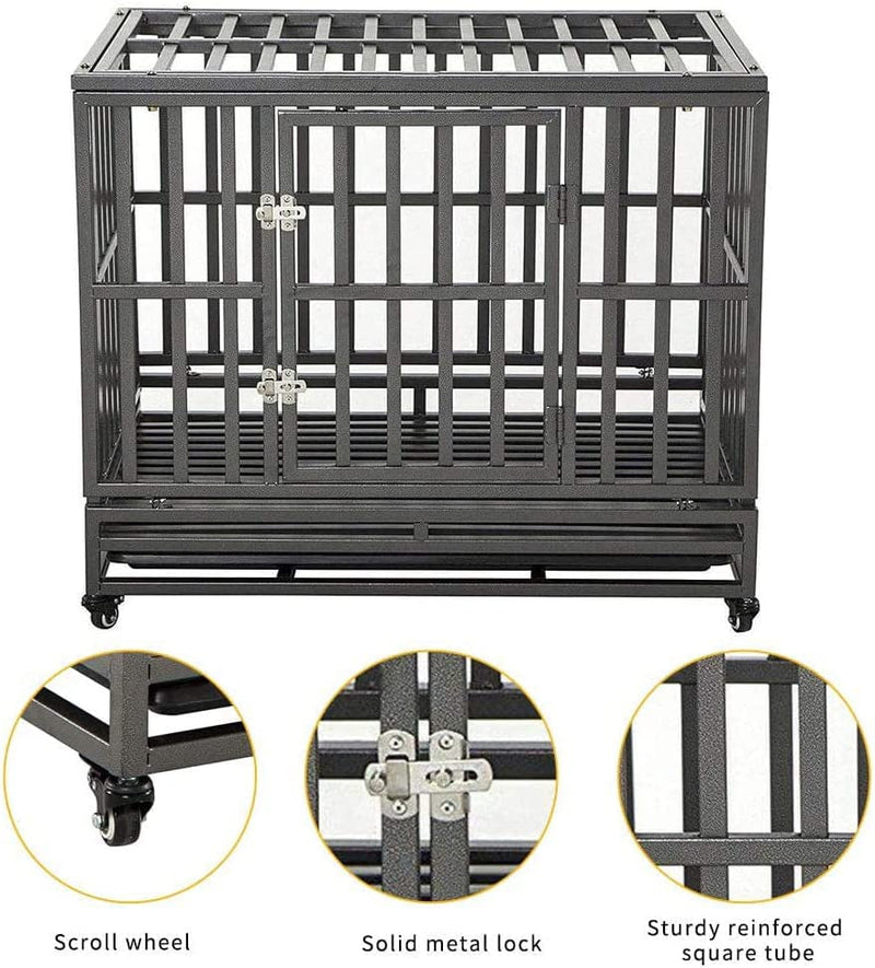 38-Inch Heavy Duty Dog Cage with Wheels - Easy to Assemble Kennel for Large Dogs Black