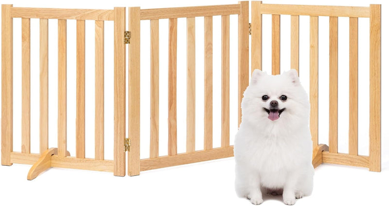 Freestanding Pet Gate - Tall Wood Safety Fence - Support Feet - 3 Panel Design - Walnut