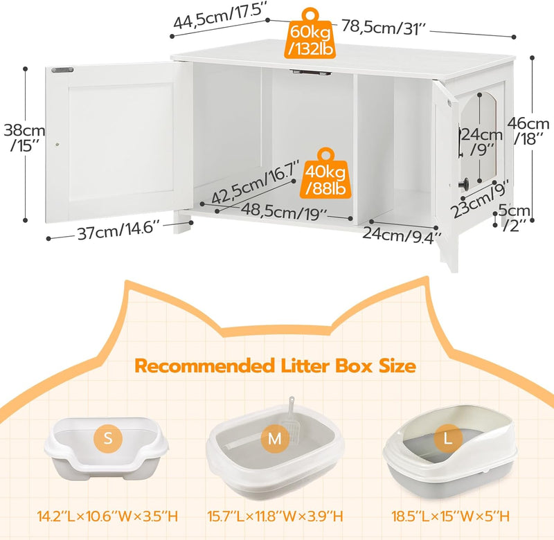 HOOBRO Litter Box Enclosure, Cat Litter Box Furniture with Removable Divider, Large Hidden Litter Box Furniture, Wooden Cat House, End Side Table, 31" L x 17.5" W x 18" H, White WT03MW01G1