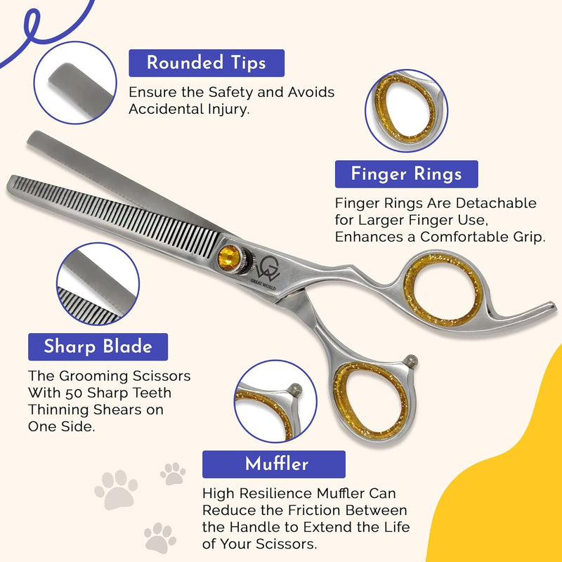 GW 8.5'' Thinning Cat Dog Grooming Blending Scissor Professional 50 Teeth Shears Sharp for Yellow Jeweled Screw J2 Stainless Steel Safety round Tip, Silver, 8.5 X 0.6 X 0.3