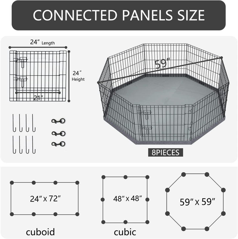 PETIME Foldable Metal Dog Exercise Pen with Bottom Pad - IndoorOutdoor 8 Panel 24x24 Pet Playpen Kennel Fence