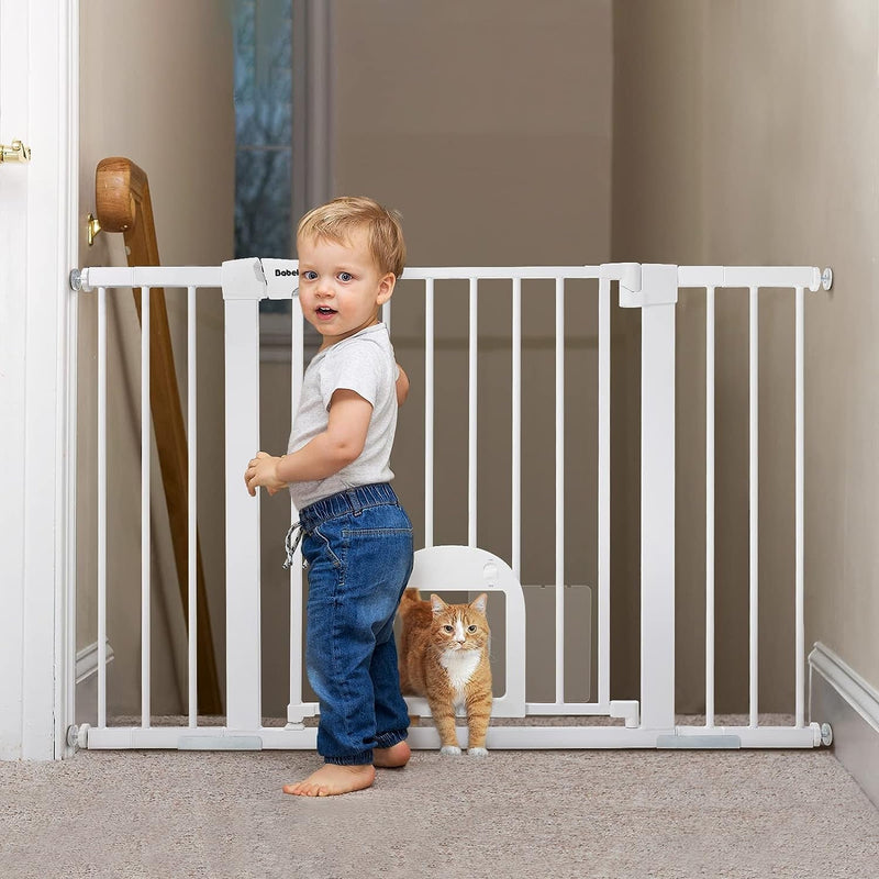 Adjustable Baby Gate with Cat Door and Auto Close - Durable and Safe for Stairs and Doorways