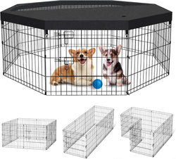 IndoorOutdoor Dog Playpen - Foldable Metal Exercise Yard with Top Cover - 8 Panels