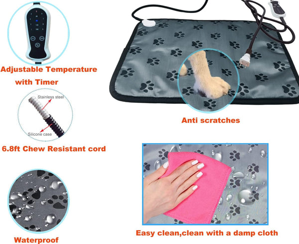 Heating Pad for Dogs  Cats - Large 34X21 - Electric Warming Pet Bed with Timer  Chew Resistant Cord