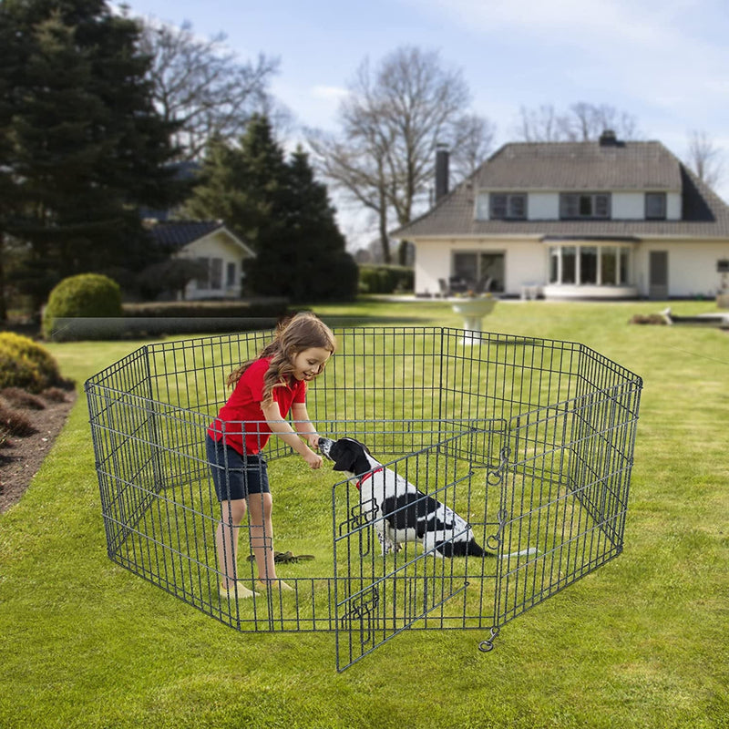 Foldable Dog Exercise Playpen with Top Cover - Silver Metal 8 Panels OutdoorIndoor - 30 Height