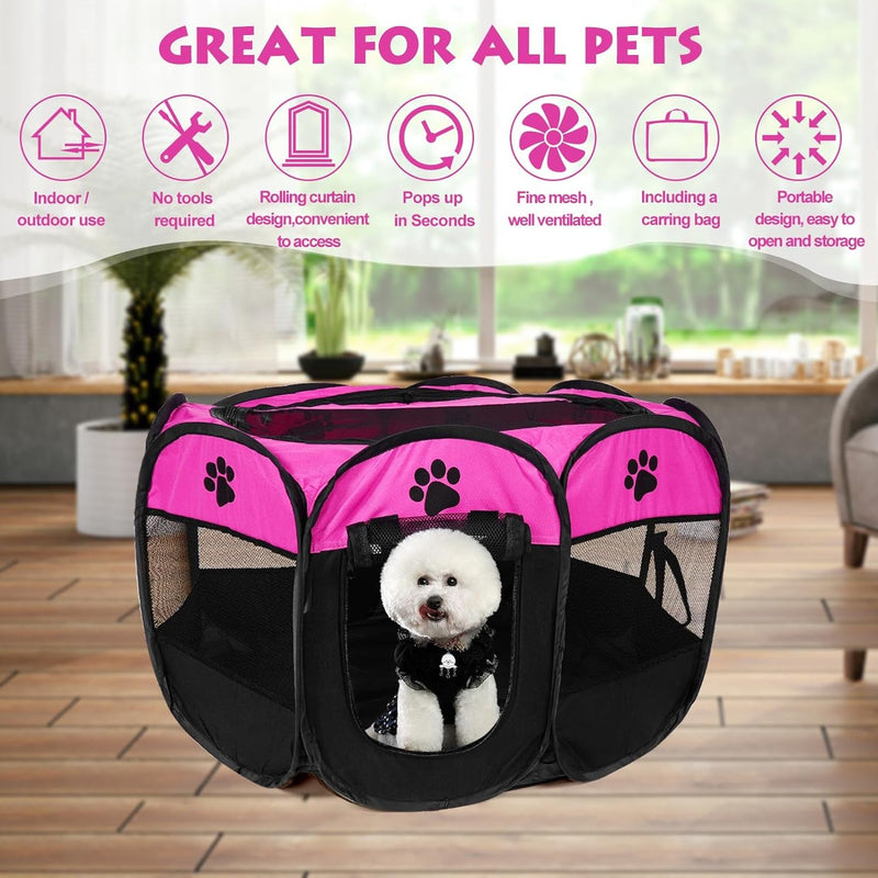 Foldable Pet Playpen with 8 Panels and Mesh Cover - Soft Oxford Kennel for Small Pets S 285x285x16 Pink