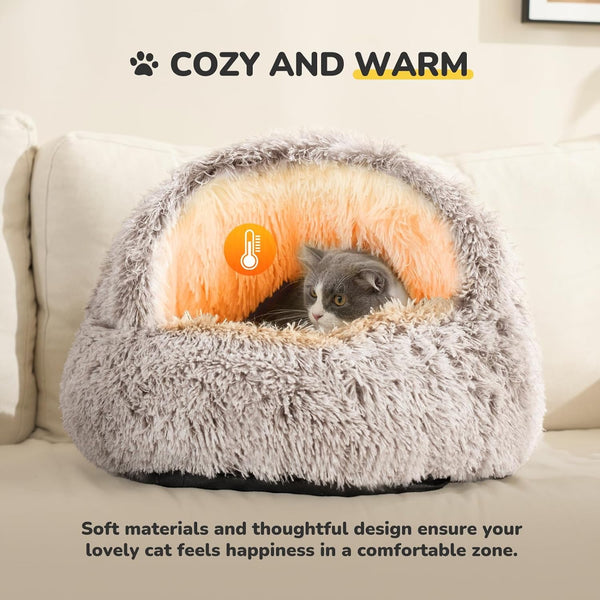 Hooded Plush Cat Bed Cave - Cozy for Cats and Small Dogs - Washable