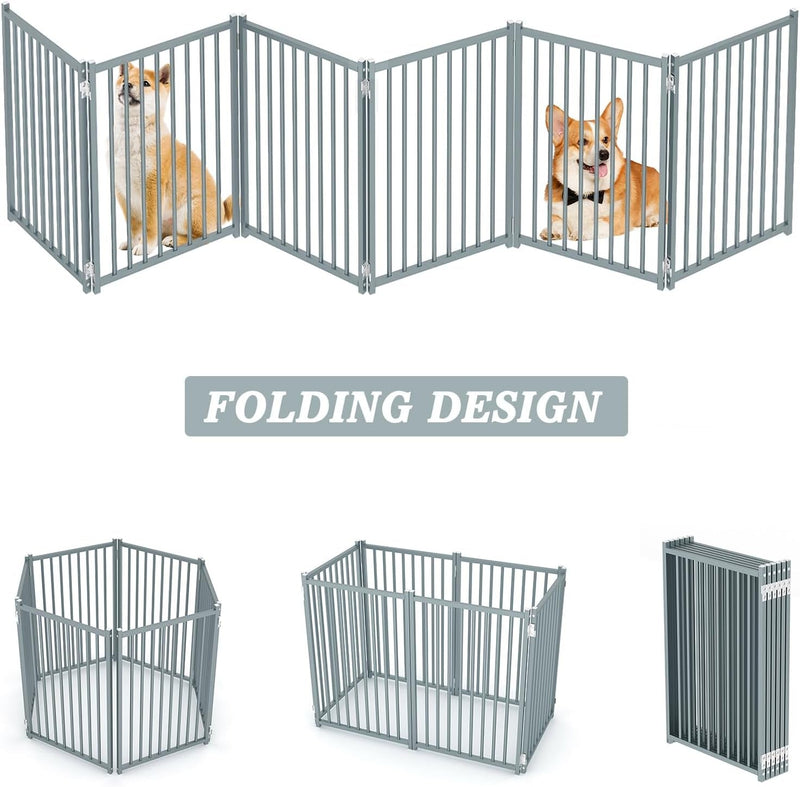 Heavy Duty Dog Playpen Pet Gate with Steel Frame and Double Hinged Divider - Indoor Dog Fence 6 Panels 24x120 Grey