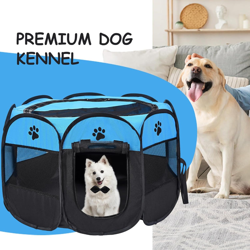 Foldable Dog Playpen with Removable Shade Cover - Portable IndoorOutdoor Kennel with Carry Case and Pen Tent BlueBlack Medium