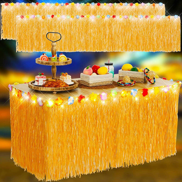 2 Pcs 9 Feet Grass Table Skirt Hawaiian Table Skirt with 4 Meter Led String Light Luau Table Skirt Hawaii Grass Table Skirt Raffia Style Fringe for Tropical Hawaii Themed Birthday Party (Straw Color) Straw Color