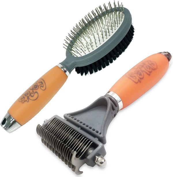 Gopets Pet Grooming Kit Bundle with 2 Sided Dematting Comb and Deshedding Rake + Double Sided Pin Brush and Bristle Brush for Dogs and Cats