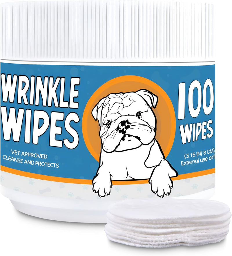 Wrinkle Wipes for Dogs - 100 Count Dog Wrinkle Wipes French Bulldog, English Bulldog, Pugs - 3.15 in Large Bulldog Face Wipes - Cleaning & Soothes on Wrinkles, Folds, Tail Pockets