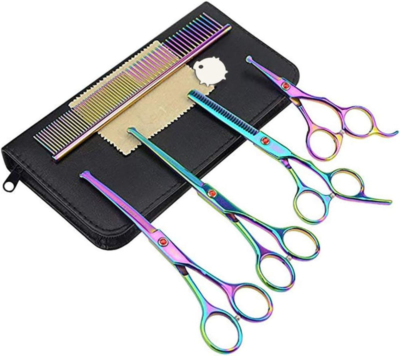 HIP-HOME Dog Grooming Scissors Set Dog Cat Grooming Shears Set 5 Piece Stainless Steel Straight & Thinning & Curved Pet Trimmer Kit Hair Cutting