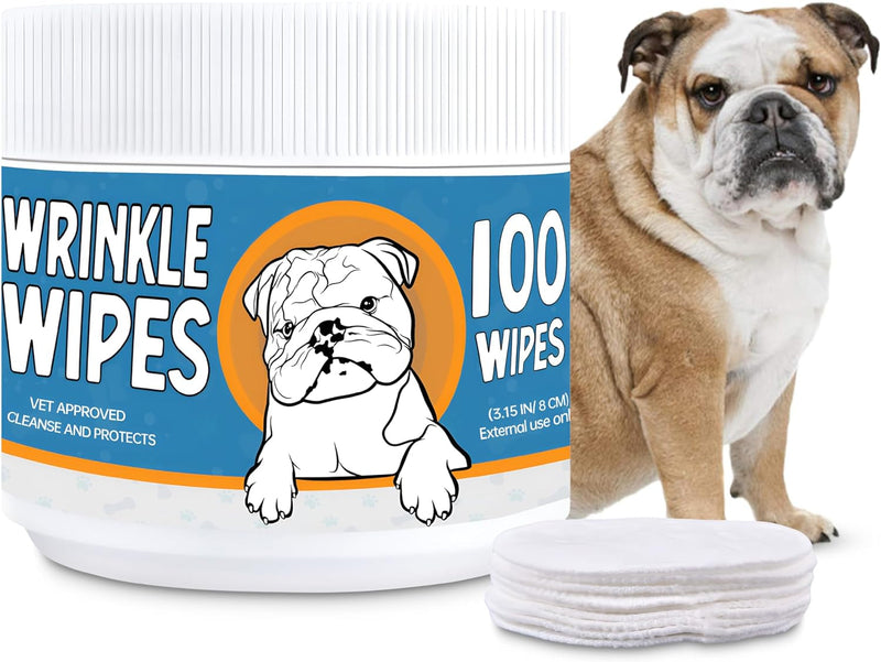 Wrinkle Wipes for Dogs - 100 Count Dog Wrinkle Wipes French Bulldog, English Bulldog, Pugs - 3.15 in Large Bulldog Face Wipes - Cleaning & Soothes on Wrinkles, Folds, Tail Pockets