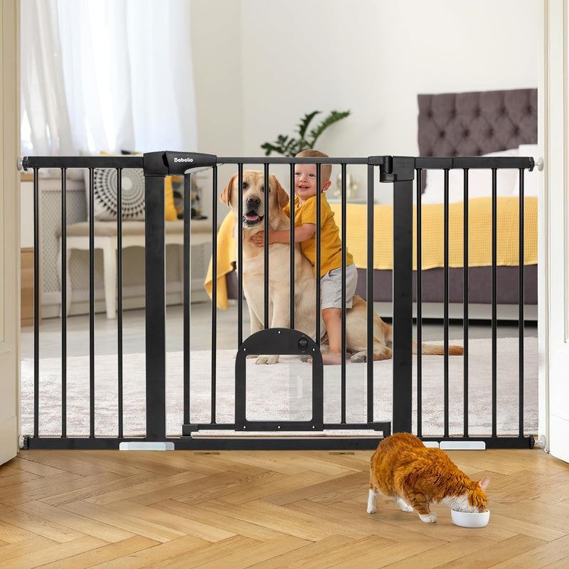 Adjustable Baby Gate with Cat Door and Auto Close - Durable and Safe for Stairs and Doorways