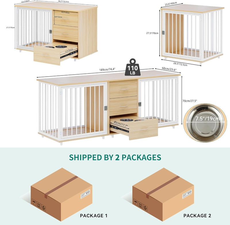 YITAHOME 74" Inch Dog Crate Furniture with Storage, Indoor Large Wooden Dog Kennel with Dog Feeders Bowls, 2-In-1 TV Stand, Side Table for 2 Large Medium Dogs, Walnut White