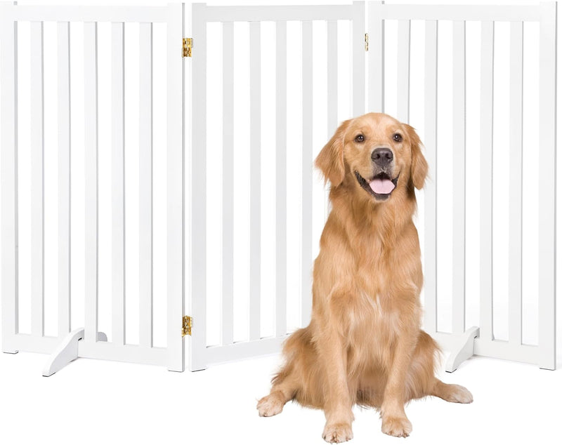 Freestanding Pet Gate - Tall Wood Safety Fence - Support Feet - 3 Panel Design - Walnut