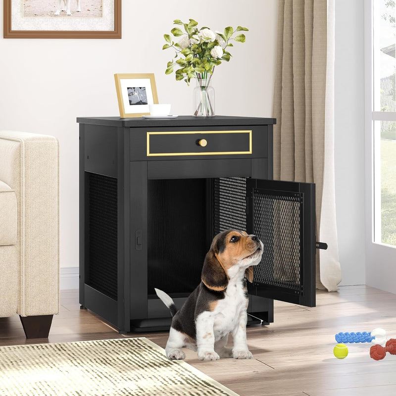 YITAHOME Dog Crate Furniture - Heavy Duty End Table with Drawer for MediumSmall Dogs Black