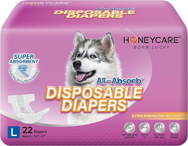 HONEY CARE All-Absorb Disposable Female Dog Diapers Extra Small Size, Improved, 50 Count, Super Absorbent, Breathable, Wetness Indicator