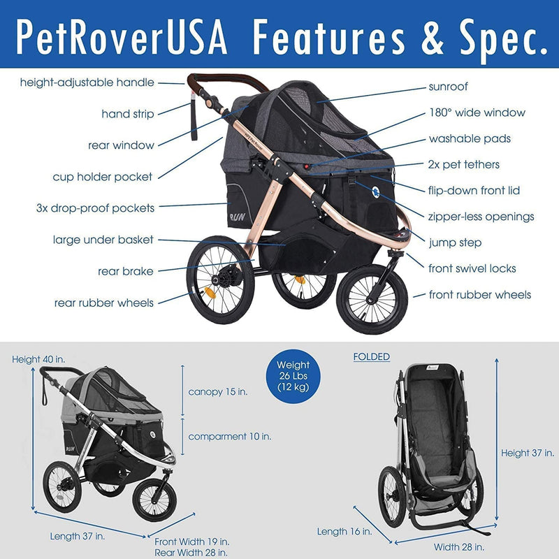 HPZ Pet Rover Performance Jogging Stroller for SmallMedium Dogs Cats and Pets - Black