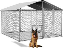 Large Outdoor Dog Kennel with Roof and Feeding Doors - Heavy Duty Chain Link Pen with Bowl Holder and Bowls 97  97  7FT