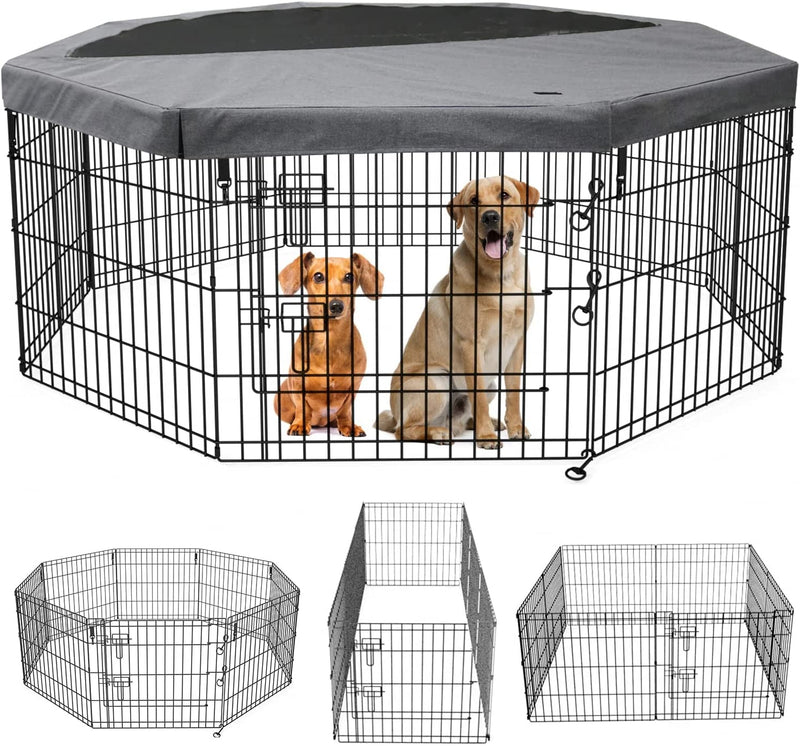 PETIME Foldable Metal Dog Exercise Pen with Bottom Pad - IndoorOutdoor 8 Panel 24x24 Pet Playpen Kennel Fence