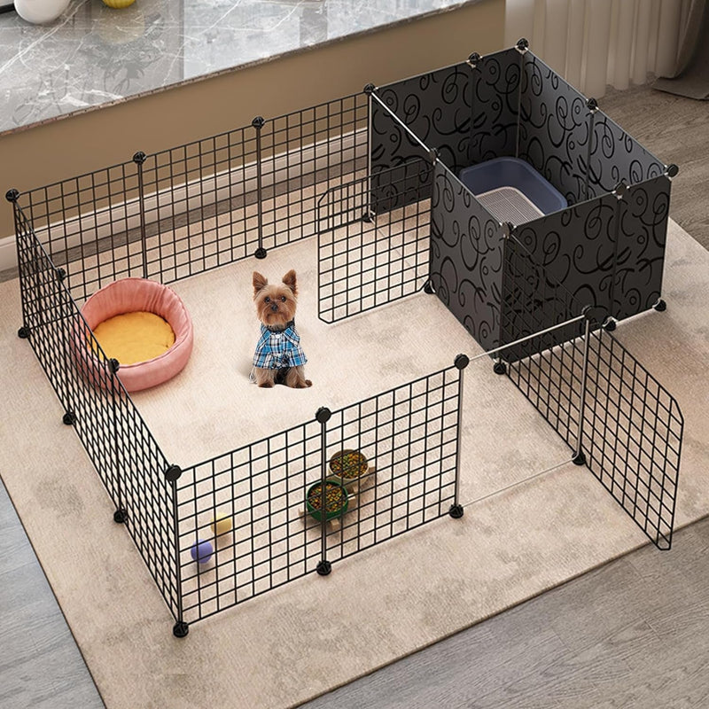 Indoor Portable Dog Playpen with Door - 14 Panels Metal Wire for Small Animals Black