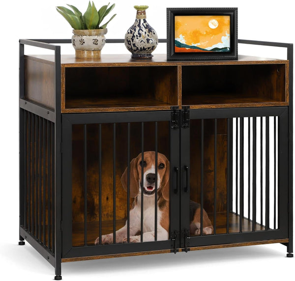 Houseables Dog Crate Furniture, Dog Kennel Indoor, Medium Dog Crate, Dog Kennel Furniture, 41 Inch, Metal, Rustic Brown Wood, Dog Crate Table, Wooden Dog Crate Furniture, Furniture Crate for S-M Dogs