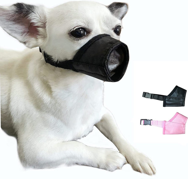 XS Dog Muzzles 2 Pack - Soft Air Mesh for Small Dogs with Long Snouts - Quick Fit Adjustable Prevent Biting Barking Chewing - Pink  Black