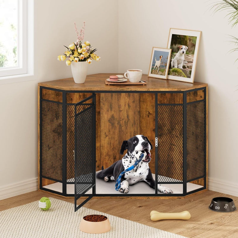 YITAHOME Corner Dog Crate Furniture, 43.7 Inch Wooden Dog Crate End Table with Metal Mesh, Dog Kennel Furniture for Small Medium Dogs, Brown