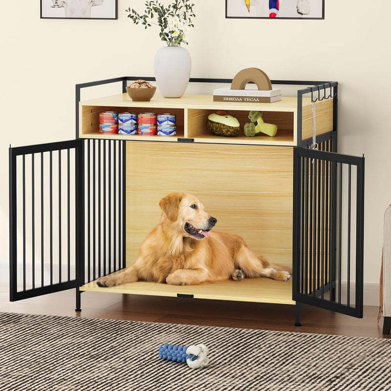 YITAHOME Large Dog Crate Furniture, Heavy Duty Wooden Dog Crate with Drawers Storage and 4 Hooks, Dog Kennel Furniture for Large Medium Small Dogs, Walnut Color