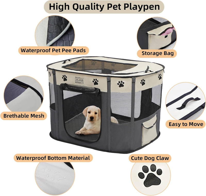 Portable Pet Playpen with Carry Case and Washable Pad IndoorOutdoor Pet Tent Foldable Dog Crate WhiteGrey L