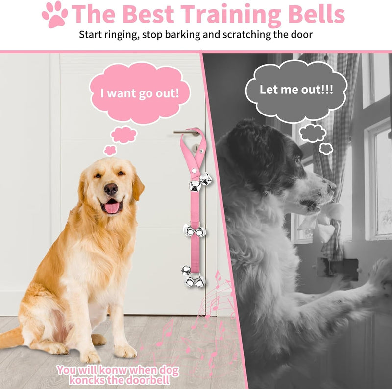 3 Pack Dog Doorbells - Pet Training Bells for Potty Training and Communication - Large Adjustable Strap Bell Pink