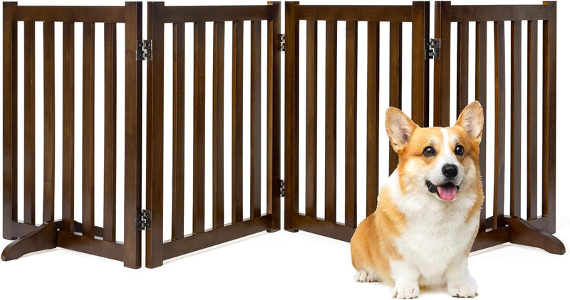 Freestanding Pet Gate - Tall Wood Safety Fence - Support Feet - 3 Panel Design - Walnut