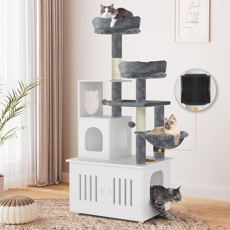 YITAHOME 59 Inch Cat Tree with Litter Box Enclosure, 2-in-1 Cat Furniture Condo, Indoor Cat Tower with Wood House, Perch, Feeding Station, Hammocks, Scratch Post, Hair Brush, Rustic Brown