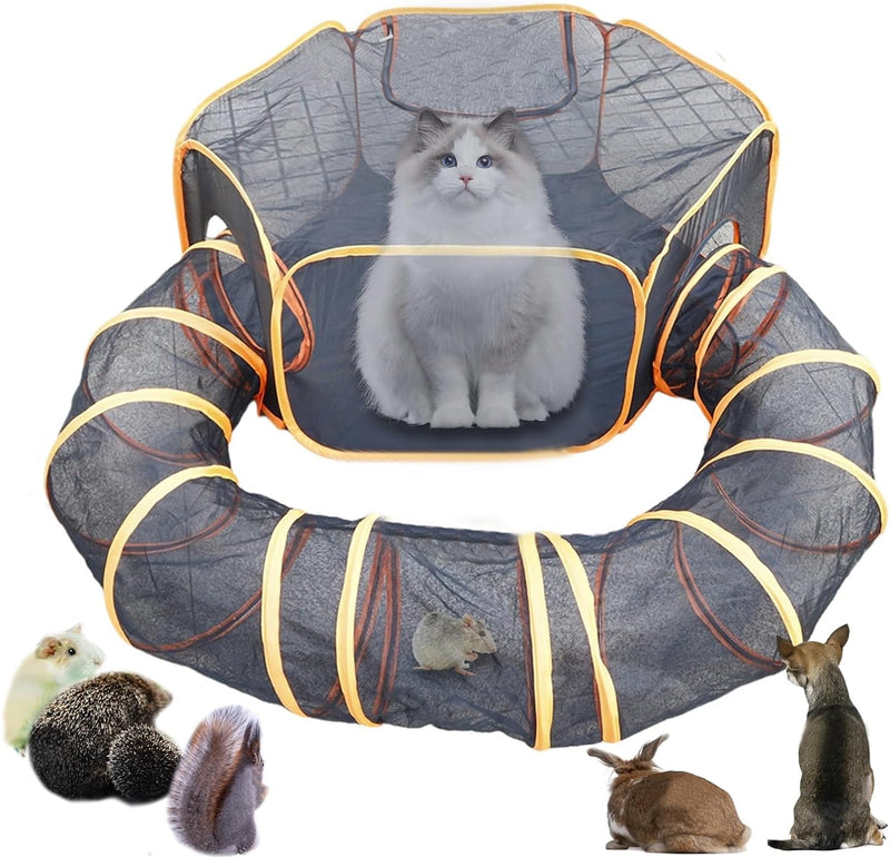 The simplified title for this product could be Portable Outdoor Cat Enclosure with Tunnel - Suitable for Small Pets