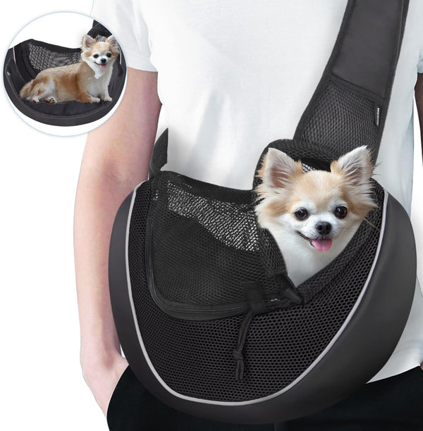 WOYYHO Pet Dog Sling Carrier Bottom Plate Adjustable Strap Design Puppy Sling for Small Dogs Breathable Mesh Dog Carrier Sling with Large Pocket for Outdoor Travel Black S (up to 4.5 lbs)